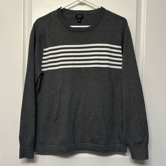 Men's J. Crew Gray White Knit Stripe Crewneck Sweater Size Large EUC #1482 - Picture 2 of 5